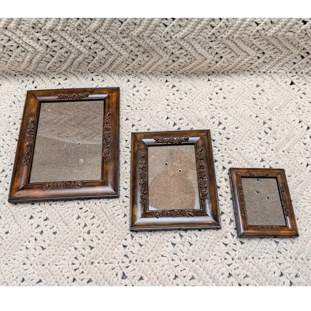 Vintage Rose Floral Picture Frame Set 3pc Dark Faux Wood Finish 2x3 4x6 5x7